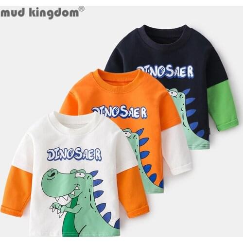 Mudkingdom Little Boys T-Shirts Cartoons Dinosaur Patchwork Crew Neck Long Sleeve Casual Undershirts for Boy Spring Autumn Tops