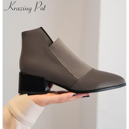 Krazing Pot superstar big size genuine leather med heel square heel fur concise winter shoes brand runway dress ankle boots L69