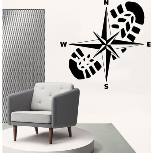 Creative Compass Wall Sticker Living Room Vinyl Decal Bedroom Wall Decor Funny Footprint Art Mural Means Hiking Around The World