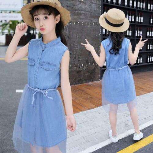 Summer Girls' Dress Kids Clothes European American Style Casual Denim Princess Dress Big Children 5 7 9 11 13Y Teens Clothing