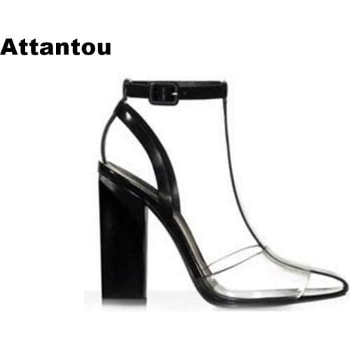 Summer fashion PVC designer Woman block heeled sandals thick high heel ankle boots buckle ankle wrap design sexy party pumps