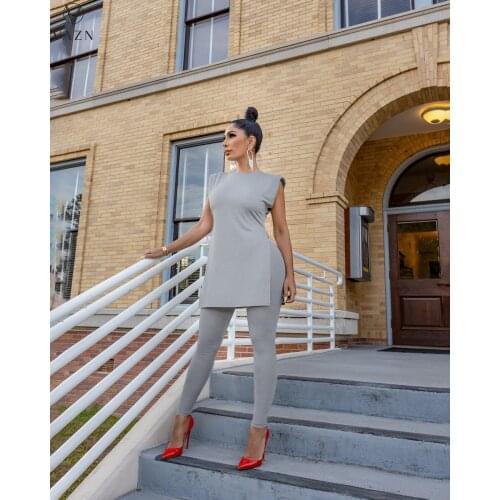 VAZN Summer 2021 European and American Womens Solid Color Shoulder Padded Loose Split Two-Piece Set