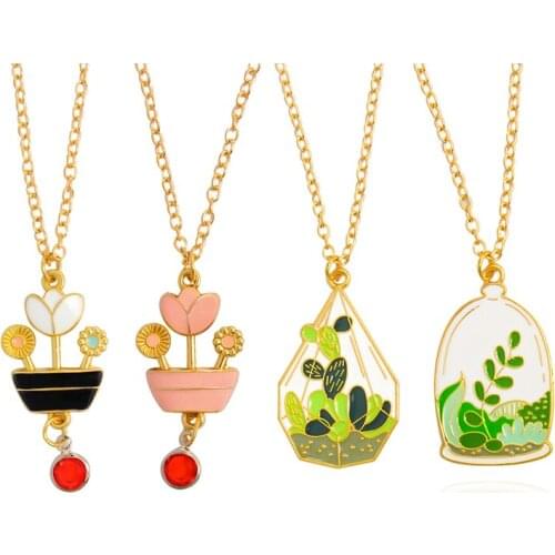 Fashion Enamel Plant Potted Cactus Flower Necklace Pendant Plants Flowers Necklaces For Friend Chain Choker Jewelry Wholesale