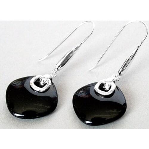 FASHION 925 SILVER NATURAL BLACK JADE EARRINGS 14/5" 925