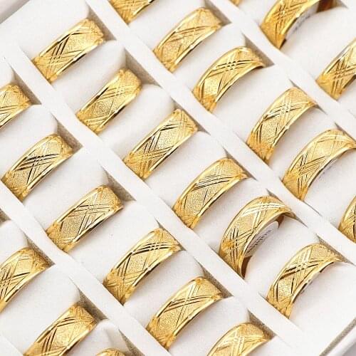 Wholesale 36 Pcs/lot Cross stripes Golden Scrub Stainless steel Rings Mens ring polished inside