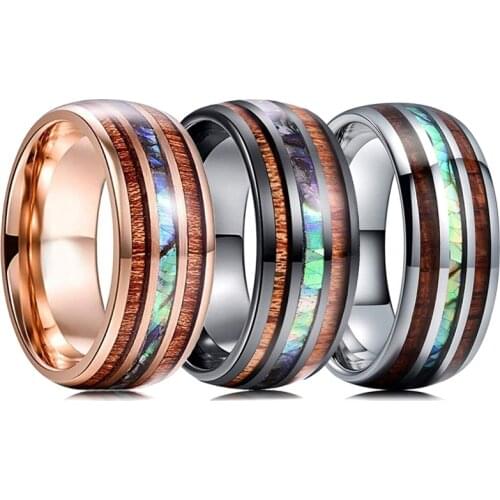 NEW 8mm Mens Black Rose Gold Tungsten Carbide Rings Hawaiian Koa Wood And Abalone Shell Opal Inlay Ring Wedding Band Jewelry