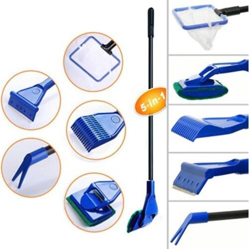 5Pcs/Set Aquarium Tank Cleaner Set Fish Net Gravel Rake Algae Scraper Grass Fork Sponge Brush Glass Fish Tank Cleaning Tools