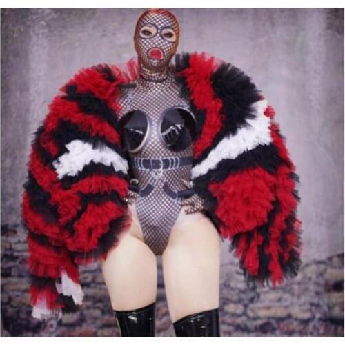 2019 New Sexy Black Red Mesh Jacket Outfit Bodysuit Headpiece Costume Stage Dance Clothing Set Nightclub Dance Wear