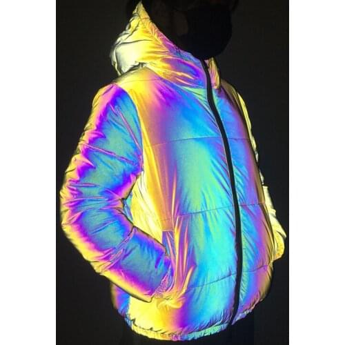 New 2021 Autumn Winter Womens Jacket Hip Hop Personality Yellow Reflective Rainbow Cotton Parkas Loose Warm Zipper Hooded Coat