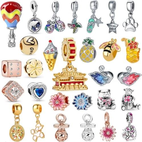 New Cute Swan Pineapple Tiananmen Bicycle Pendant Suitable for Original Pandora Charm Bracelet Necklace Lady DIY Jewelry Gifts