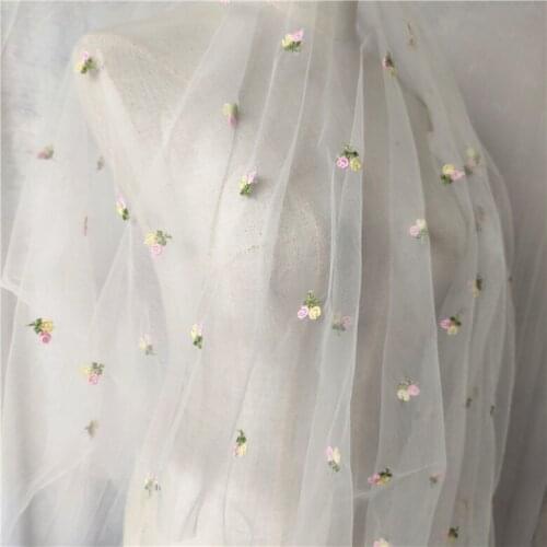 One meter Quality gauze fabric Small flower embroidery tissu Handmade DIY wedding dress material