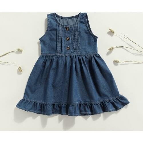 1-6 Years Kids Denim Dress Girls Solid Color Ruffled Round Neck Sleeveless A-line Dress for Summer Dark Blue/Light Blue