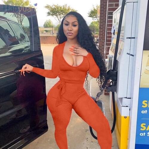 HAOYUAN Sexy Knitted Bodycon Rompers Womens Jumpsuits Long Sleeve Bandage Fall Women Clothing Tracksuit One Piece Club Outfits