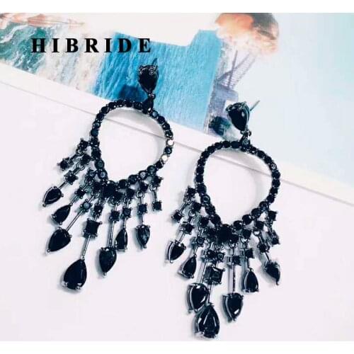 HIBRIDE Beautiful Black Cubic Zirconia Rhinestone Pendent Drop Earring Black Gun Plated Fashion Jewelry Brincos Wholesale E-743