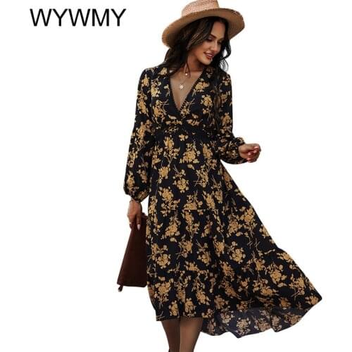 WYWMY Spring Dress Women Sexy Printed Bow Holiday Beach Wrap Dresses Summer V-Neck Boho Dress Elegant Party Sundress Plus Size