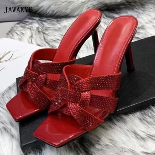 Sexy Crystal Woven High Heel Runway Women Slippers Open Toe Diamond Banquet Slides Stone Pattern Party Bride Sandals Women Mules