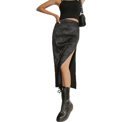 Womens Straight Midi Skirts, Gothic Floral Embroidery High Waist Side Split Long Skirts 2021 New Fashion