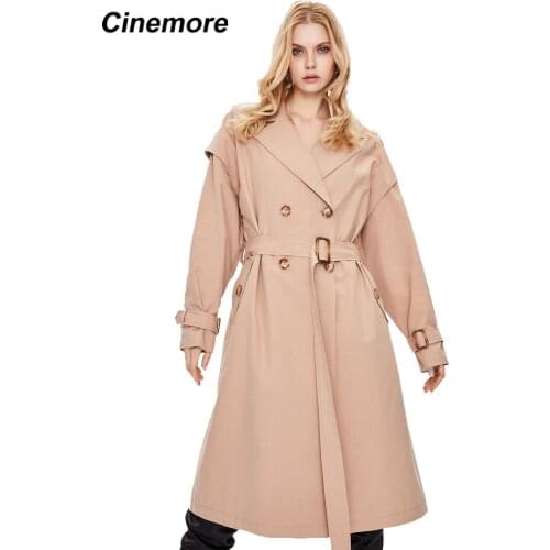 Cinemore 2021 Women Elegant Long Trench Coat Belt Solid Color Chic Outerwear Ladies Overcoat Spring Autumn Windbreaker 92233-1