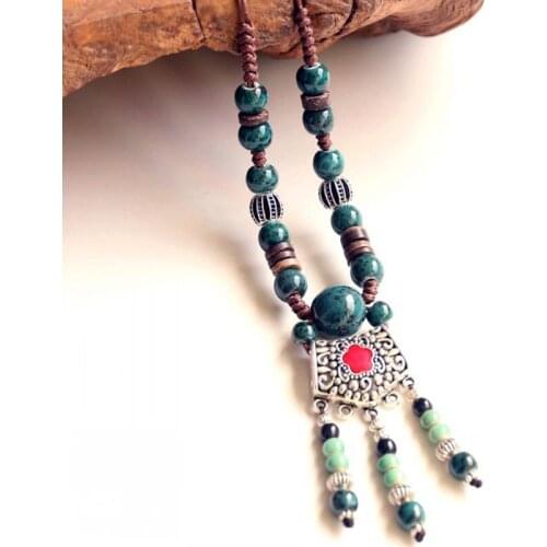 12 Pieces/Lot Vintage Ceramic Beaded Necklaces Jewelry For Women Ethnic Beads Long Tassel Charm Necklace Bohemia Accessory Gift
