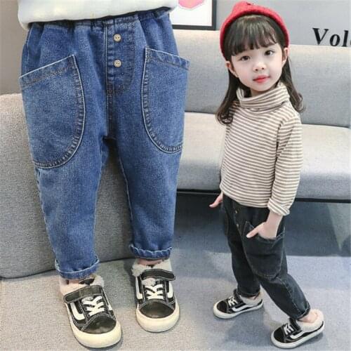 2 3 4 5 6 Years Toddler Girls Jeans Thicken Plus Velvet Jeans For Girls Korean Casual Large Pocket Harem Pants Kids Denim Pants