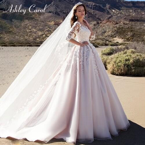 Ashley Carol A-Line Wedding Dresses 2021 Long Sleeve Princess Bride Dress Romantic Scoop 3D Beading Flowers Vintage Bridal Gown