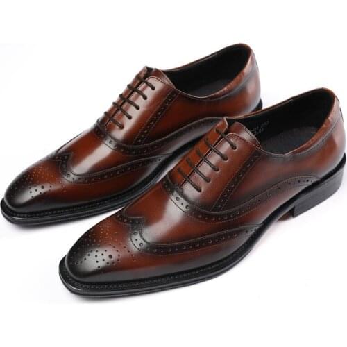 European and American carved mens shoes, Brock style leather, polished and breathable small square toe business formal shoes