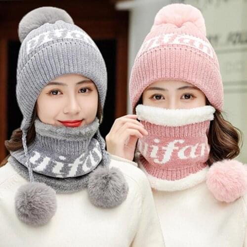 New Female Winter Hat Set High Quality Fashion Plus Velvet Winter Hats For Women Thick Warm Three Pompoms Ball Wool Hat