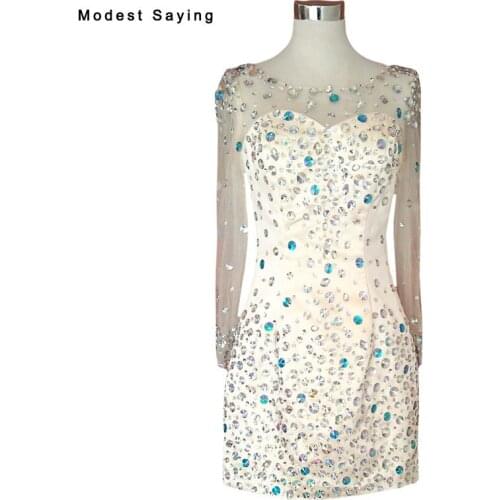 Real Sexy Backless Champagne Straight Rhinestone Long Sleeve Cocktail Dresses 2017 Short Beaded Graduation Party Prom Gowns YC23