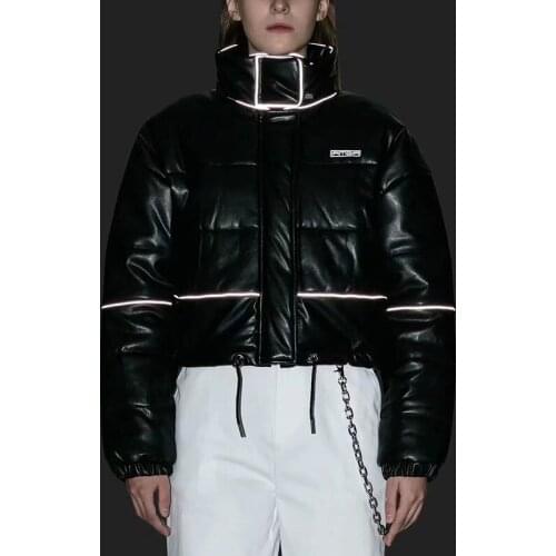 Winter Jacket Women Coat Parka Faux Leather Reflective Cotton Padded Warm Streetwear Women Winter Coat