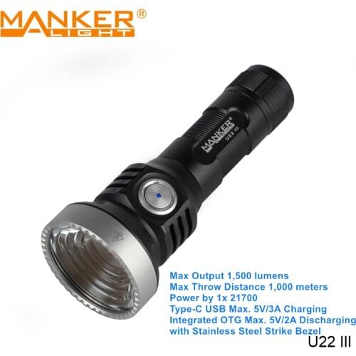 Manker U22 III 21700 Powerful Outdoor LED Flashlight TypeC USB Charging Discharging Torchlight with Self Defense SS Strike Bezel
