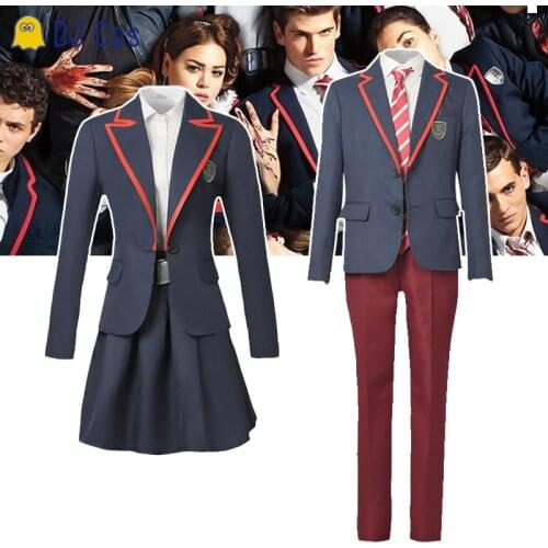 New TV Elite School Uniform Cosplay Costume Dark Blue High School Uniform Jacket Pants Belt Skirt Halloween for Girls Boys