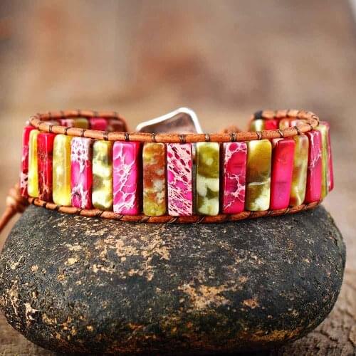 New Fashion Wrap Bracelet Natural Japser Stone Single Leather Statement Bracelet Beads Gift Bracelet Women Jewelry
