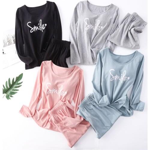 Autumn Cotton Print Womens Pajamas Long-sleeved Trousers Pajamas with Chest Pad, Two-piece Pajamas, Free Bra Loose Home Service