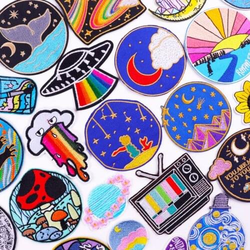 Rainbow Applique Space UFO Embroidered Patches On Clothes Van Gogh Waves Iron On Patches For Clothing Stickers Cartoon Badges