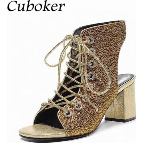 Chunky Heel Women Lace Up Sandals Summer Brand Designer Peep Toe Gladiator Sandals Full Rhinestone Decor Crystal Sandals Women