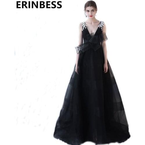 Sexy Deep V Neck Black Evening Dresses Appliques Lace Cap Sleeve Court Train Formal Party Gowns With Bow Sashes