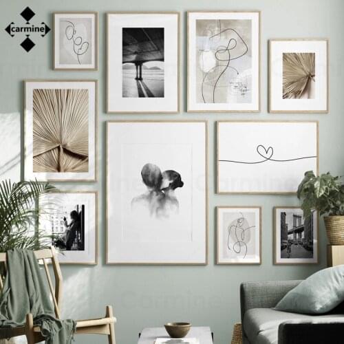 Modern Minimalist Wall Art Poster Black and White Lines Figure Painting Old Wooden Fan Canvas Picture for Teen Room Decoration