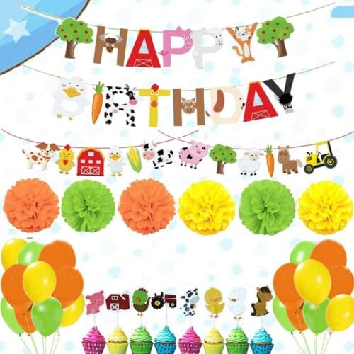 Farm Animal Themed Party Decorations Banner Cake Toppers Balloons and Paper Flowers Set for Baby Shower Family Reunion Theme Par