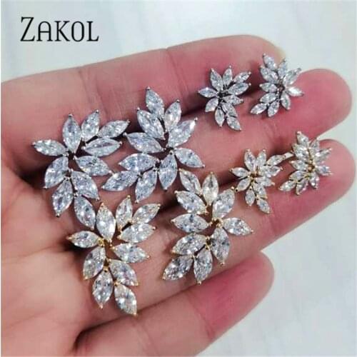 ZAKOL Fashion AAA Cubic Zircon Flower Shape Stud Earrings for Women Popular Leaf Wedding Birthday Jewelry Gift FSEP2233