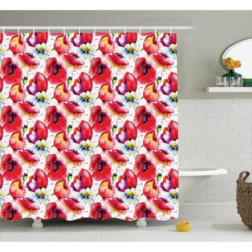 Poppy Shower Curtain Colorful Combined Mixed Poppy Flower Petals Spring Garden Theme Paint Effect Style Bathroom Decor Curtains
