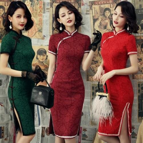 Jacquard cotton elegant cheongsam woemn mid-length cheongsam lace peony red cheongsam daily modern sexy Chinese cheongsam dress