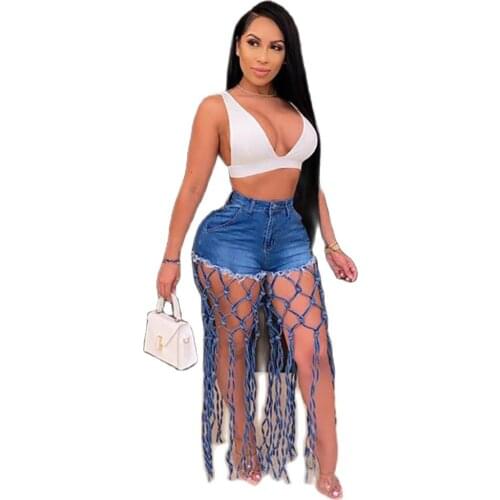 2021 New Women Sexy High Waist Hollow Out Elastic Full Length Jeans Denim Pants Pockets High Street Sexy Trousers