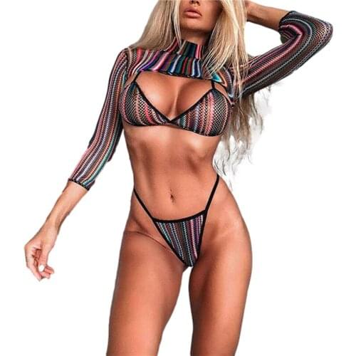 Womens 3Pcs Swimsuit Long Sleeve Crop Top and Bra and Bottoms Hot Sexy Swimwear for Women Beach Swimming Costume Biquini