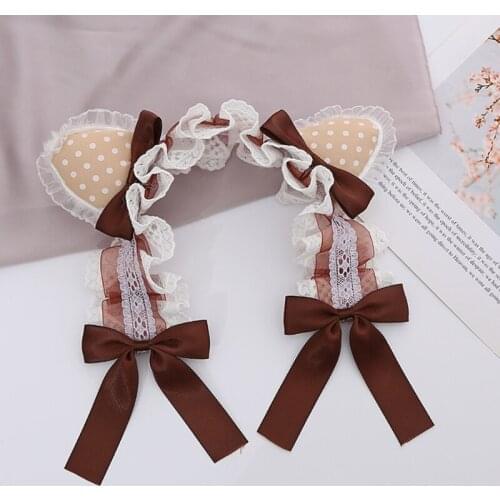 Women Plush Dots Ears Mesh Ruffles Lace Headdress with Ribbon Bowknot Headband Maid Anime Cosplay Sweet Hair Hoop