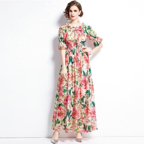 Designer Runway Boho Maxi Dresses For Womens Halter Slash Neck High Elastic Waist Flower Print Vacation Party Long Dress Autumn