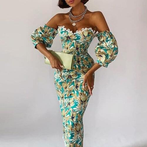 Sexy Off Shoulder Backless Bodycon Dress Elegant Floral Print Women Party Dress Autumn Lady Fashion Lantern Sleeve Office Dress