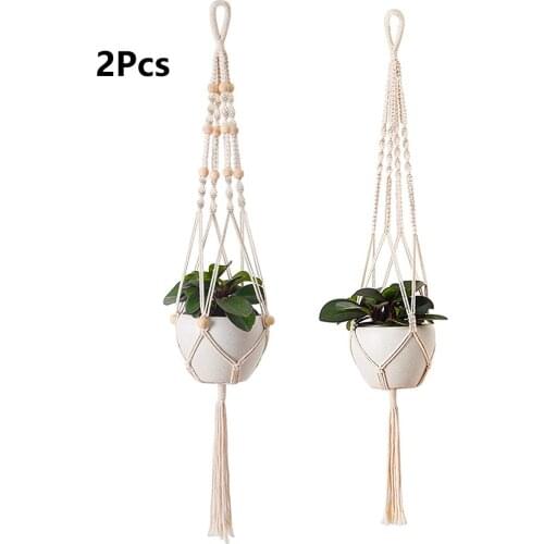 2Pcs Handmade Macrame Flower Pot Net Cotton Hanging Basket Knotted Rope Flowerpot Net Bag Horticultural Home Door Garden Decor