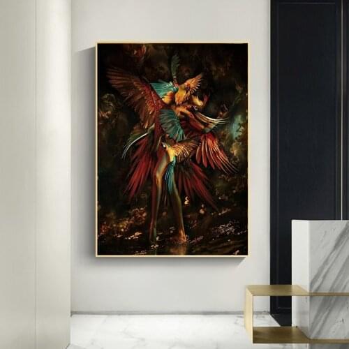 Digital Art Girl And Parrot Canvas Paintings Posters And Prints On the Wall Art Abstract Wall Picture for Living Room Decor
