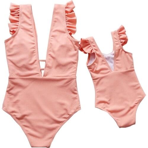 Mom and Daughter Pink Family Outfits Girls Women One Piece V-Neck Ruffles Tank Bikini Swimsuit Swimwear Clothing for Mother Girl