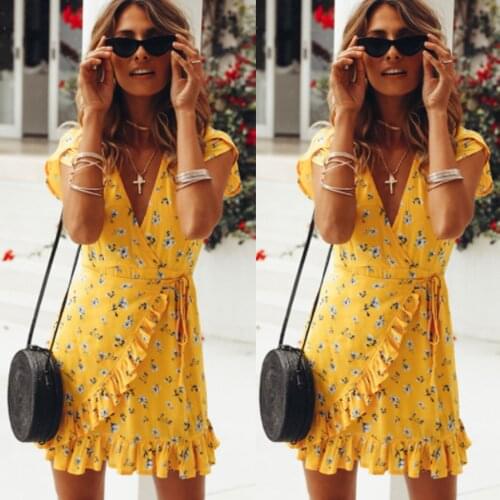 Elegant Evening Party Ladies playa vestido Women Boho Beach Summer Floral Sundress Bandage Bodycon ruffle Short sleeve Dress